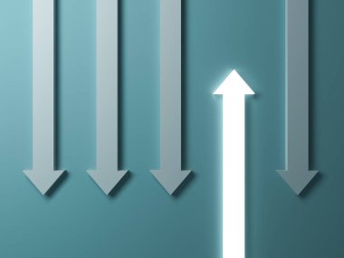 Kalabalık ve farklı kavram, yukarı aşağı oklarını gölgeler koyu yeşil zemin üzerine aralarında ok bir parlayan ışığı göze çarpıyor. 3D render.