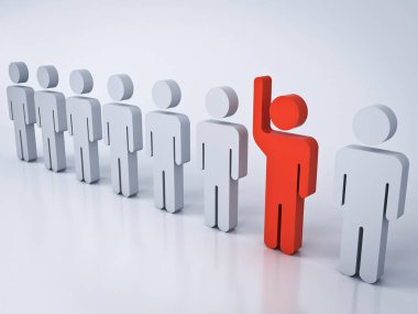 Kalabalık ve farklı yaratıcı fikir kavramları bir Kızıl adam elini gölgeler ve yansımaları 3d render ile beyaz gri arka plan üzerinde beyaz diğer insanlar arasında yükselterek öne