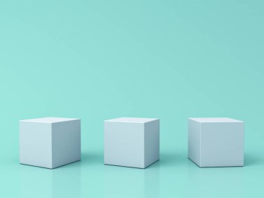 Üç beyaz kutu podyum yansımaları ve gölgeler 3d render ile yeşil pastel renk arka plan üzerinde izole boş