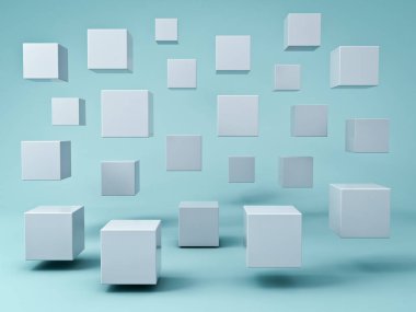 Soyut Beyaz yeşil mavi pastel renk arka planda yansıma ve gölgeler 3d render ile 3D küpleri uçan