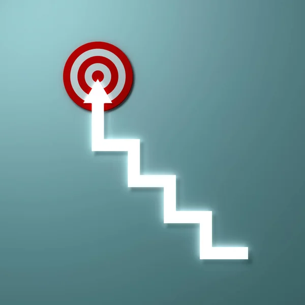 台阶或轻的台阶箭头瞄准目标目标或红色飞镖板商业概念在浅绿色墙壁背景与阴影3D — 图库照片