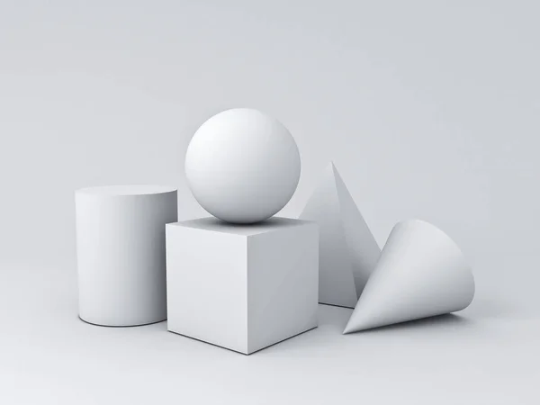 White Geometry Graphic Shapes Cube Pyramid Cone Cylinder Sphere Isolated — Stock Photo, Image