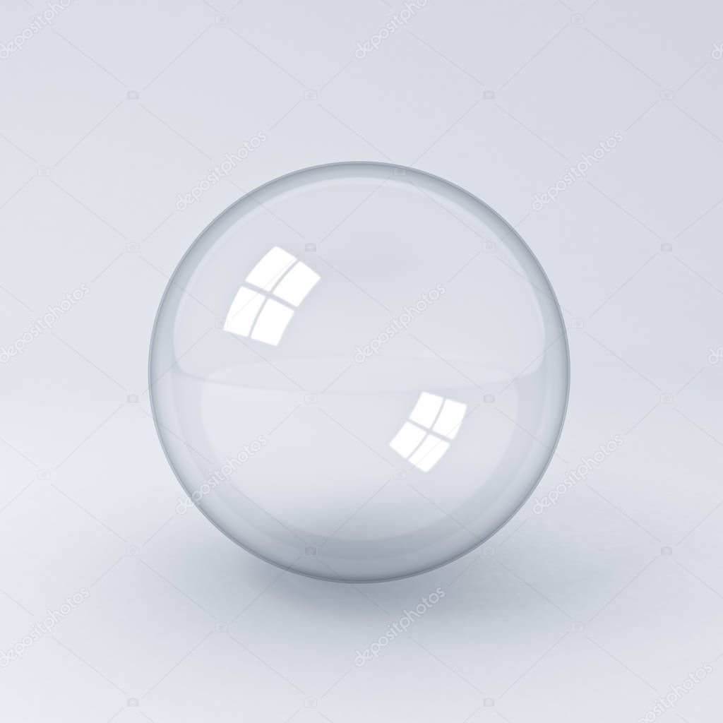 Transparent glass sphere or bubble on white background with shadow 3D rendering