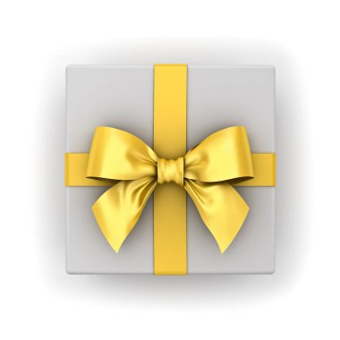 Hediye kutusu veya altın şerit ile mevcut kutusunun üst görünümden yay gölge 3d render ile izole üzerinde beyaz arka plan