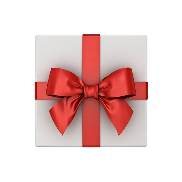 ギフト用の箱または赤リボン付きプレゼント ボックスの平面図弓に孤立した白い背景 レンダリング — ストック写真