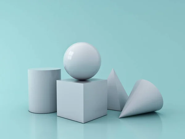 White Geometry Graphic Shapes Cube Pyramid Cone Cylinder Sphere Isolated — Stock Photo, Image