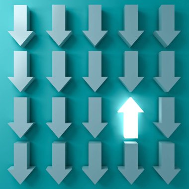 Öne çıkarın ve yukarı ok aralarında aşağı oklarını gölgeler 3d render ile koyu yeşil pastel renk arka plan üzerinde parlayan bir ışık farklı kavramlar düşünüyorum