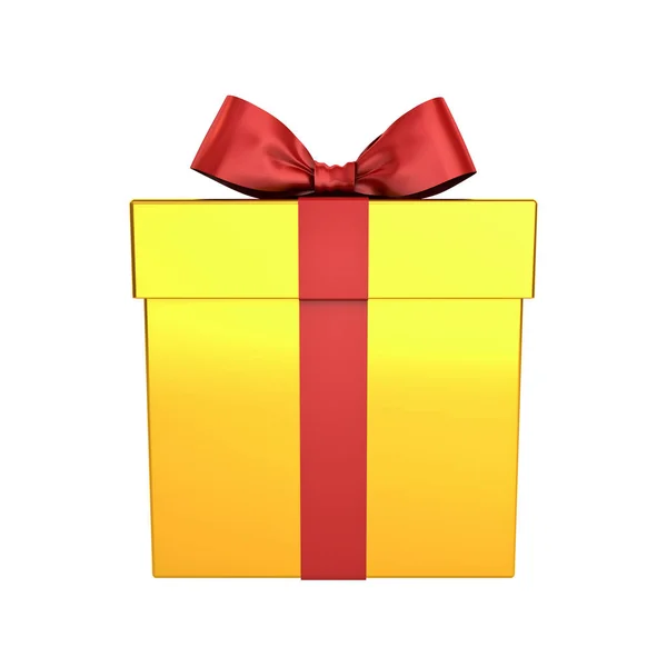Gold Gift Box Present Box Red Ribbon Bow Isolated White — Stock Photo, Image