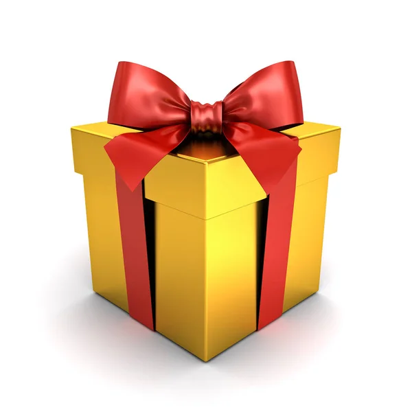 Золотая Подарочная Коробка Подарок Коробка Красной Лентой Лук Изолирован Белом — стоковое фото