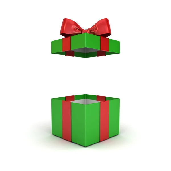 Open Christmas Gift Box Green Present Box Red Ribbon Bow — Stock Photo, Image