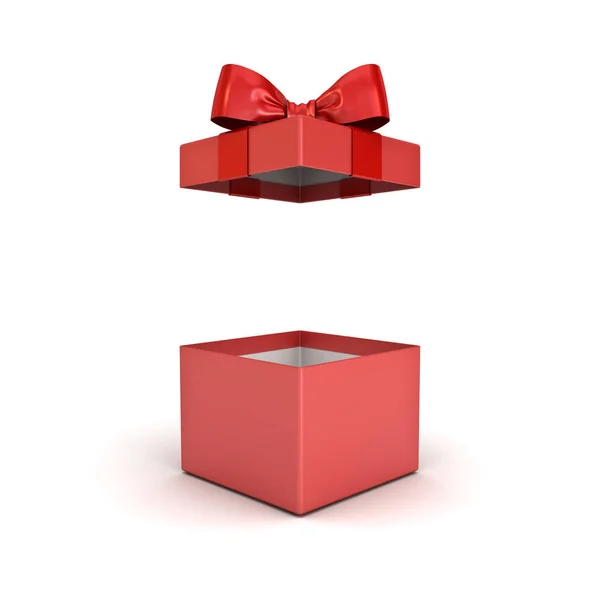 红色礼品盒或现有框与红色丝带蝴蝶结查出在白色背景与阴影和3D — 图库照片