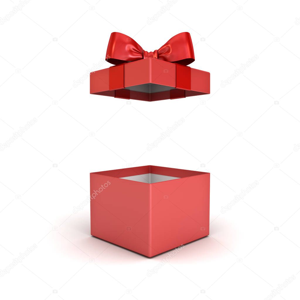 Red gift box or present box with red ribbon bow isolated on white background with shadow and 3D rendering