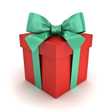 Kırmızı hediye kutusu veya yeşil şerit ve beyaz arka plan üzerinde 3d render izole yay Noel hediyesi kutusu
