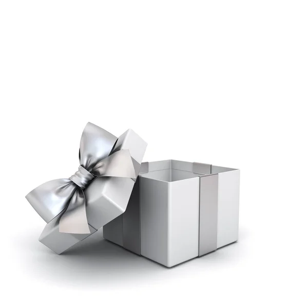 Open Gift Box Blank Present Box Silver Ribbon Bow Isolated — Stock Photo, Image