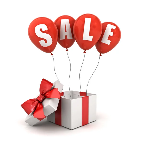 Sale Text Red Balloons Open Gift Box Present Box Red — Stock Photo, Image