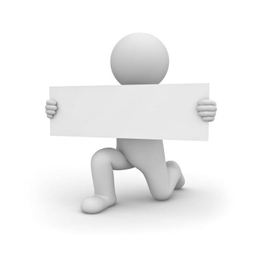 Tek dizimin üzerine almak için ve gölge 3d render ile beyaz arka plan üzerinde izole uzun boş tabela gösterilen 3d adam