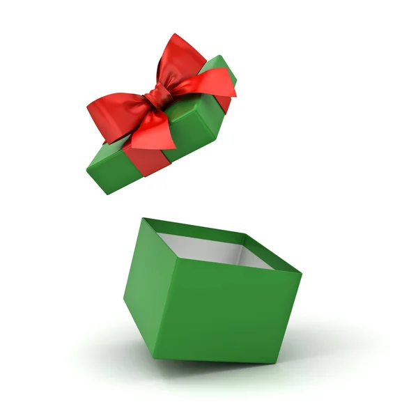Caixa Presente Verde Aberta Caixa Presente Branco Com Fita Vermelha — Fotografia de Stock