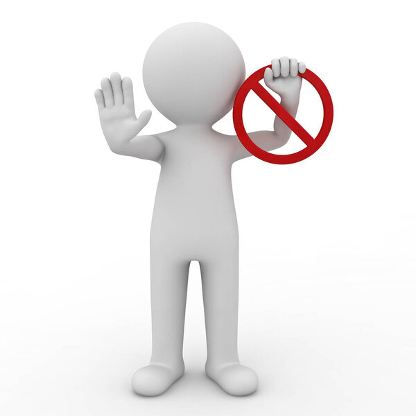 3d man showing stop gesture and holding no sign over white background with shadow 3D rendering