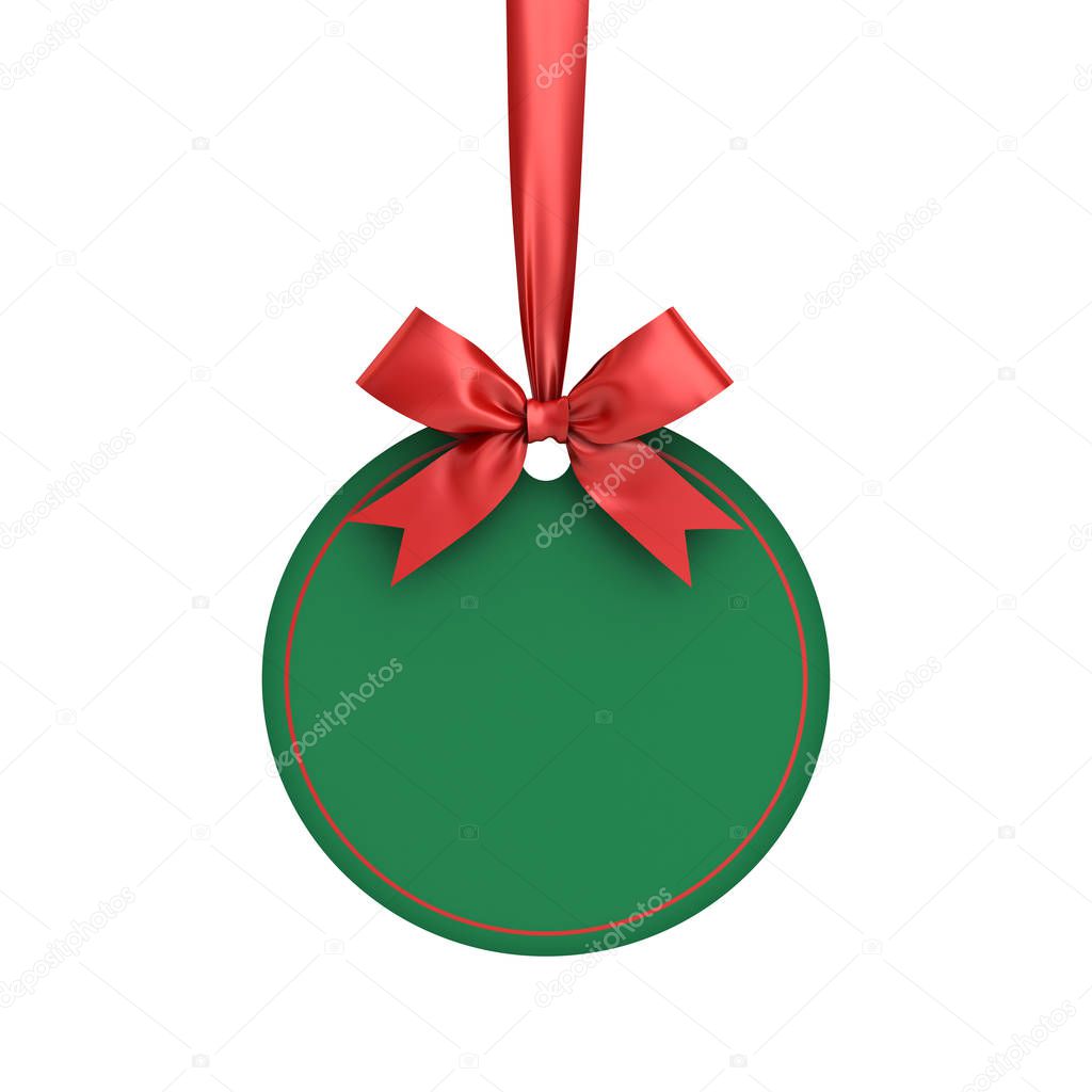 Blank green paper round christmas ball frame tag label card template hanging with shiny red ribbon and bow isolated on white background for christmas decoration 3D rendering