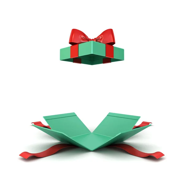 Caixa Presente Natal Aberta Caixa Presente Verde Com Fita Vermelha — Fotografia de Stock