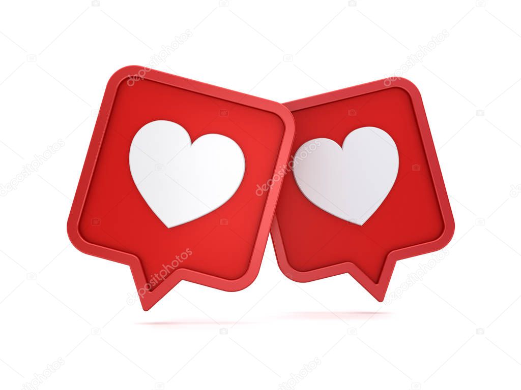 Two 3d social media notification like heart icons on red rounded square pins isolated on white background with shadows Love couple concept for valentine's day 3D rendering