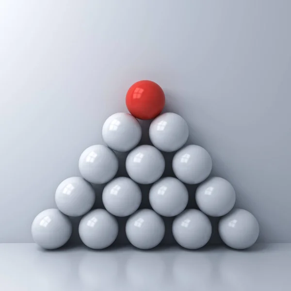 群衆と反射と白い壁の色の背景上の他の白球の上にリーダーシップの創造的なアイデアの概念 つ赤い球立って レンダリングから目立つ — ストック写真