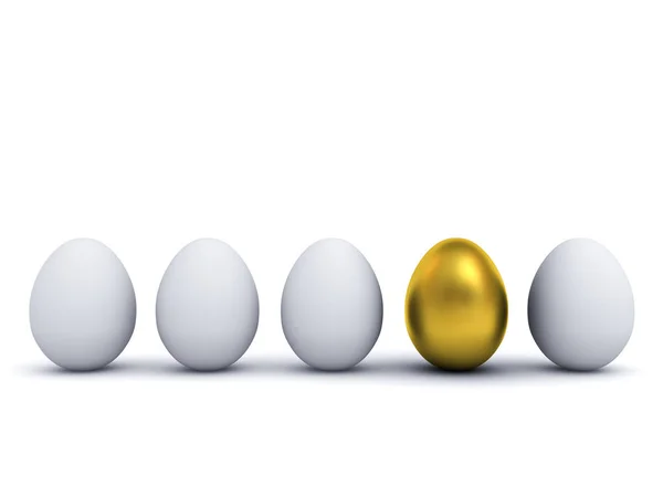 One Golden Egg Standing Out White Eggs Leadership Individuality Creative — Stock Photo, Image