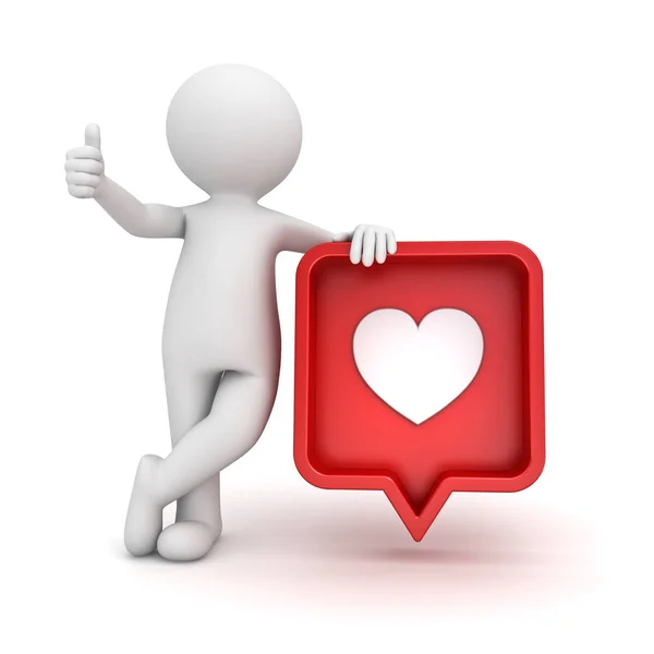 人站立和显示象竖起大拇指与红色社交媒体通知爱象心脏图标别针查出在白色背景与阴影3D — 图库照片