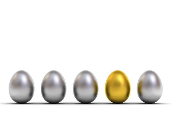 One Gold Egg Standing Out Metallic Silver Eggs Leadership Different — Stock Photo, Image