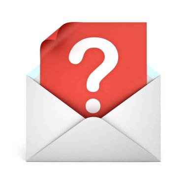 Gölge 3d render ile beyaz arka plan üzerinde izole beyaz zarf açılış kırmızı kağıt üzerinde soru işareti