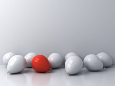 Kalabalığın ve farklı kavramlar bir kırmızı balon pencere yansımaları ve gölgeler 3d render ile beyaz oda zemin üzerinde diğer beyaz balonlar arasında öne