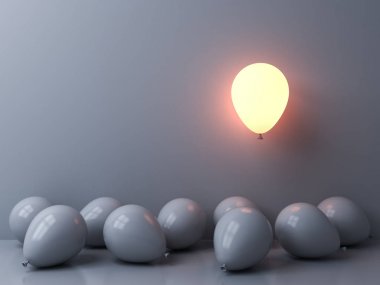 Stand out from the crowd and different concepts One light balloon glowing and floating above other white balloons on white wall background with window reflections and shadows 3D rendering clipart