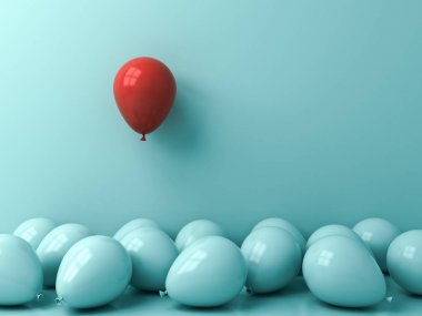 Kalabalığın ve farklı yaratıcı fikir kavramları bir kırmızı balon yansımaları ve gölgeler 3d render ile yeşil mavi pastel renkli duvar arka plan üzerinde diğer mavi balonlar üzerinde yüzen stand
