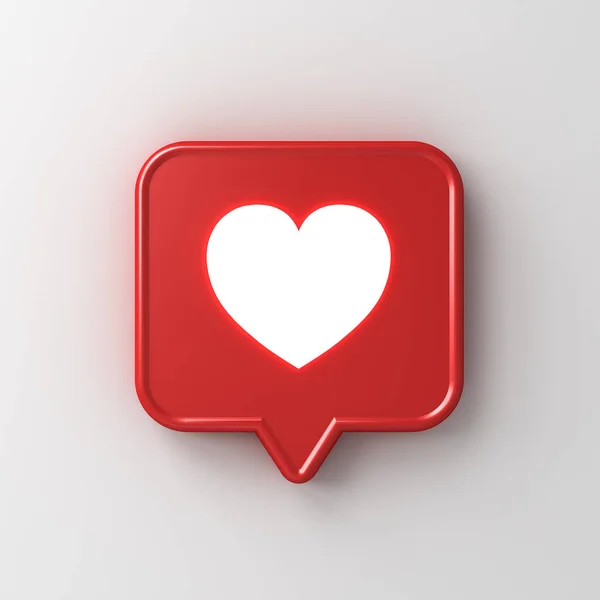 社交媒体通知霓虹灯像心脏图标在红色的讲话泡针隔离在白色墙壁背景与阴影3D — 图库照片