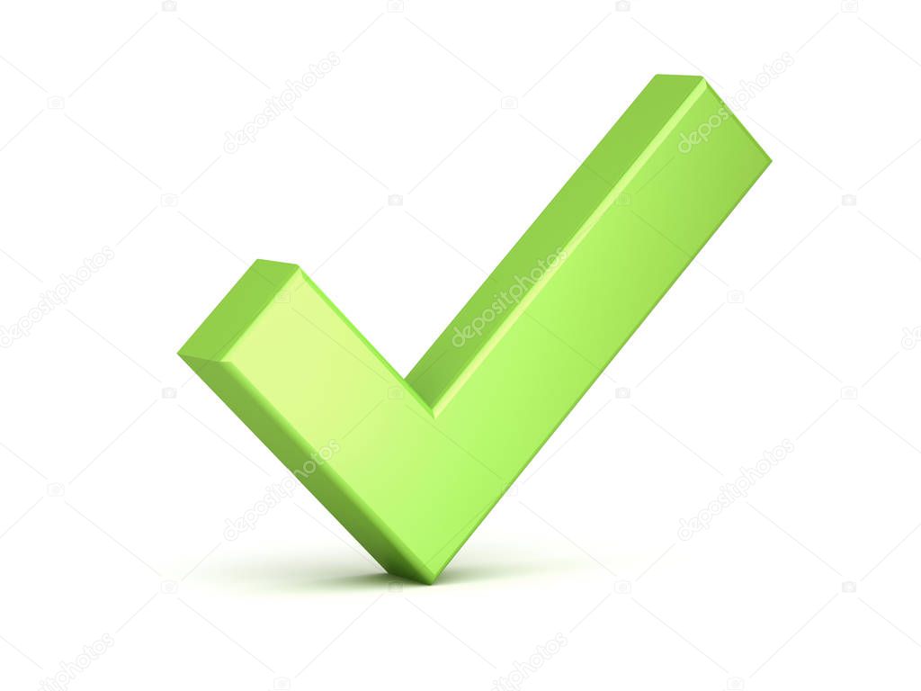 3d Green check mark or tick isolated over white background with shadow 3D rendering