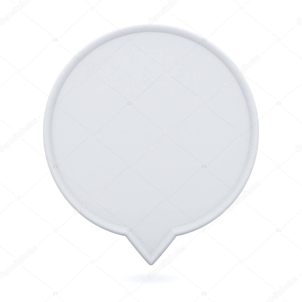 Blank white round speech bubble pin floating isolated on white background with shadow 3D rendering