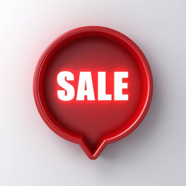 Gölge 3D render ile beyaz duvar arka plan üzerinde izole kırmızı konuşma kabarcık pin kutusunda Neon ışık satış kelime