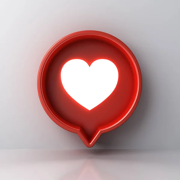 3d social media notification light like heart icon in red round speech bubble box pin isolated on white wall background with shadow and reflection 3D rendering