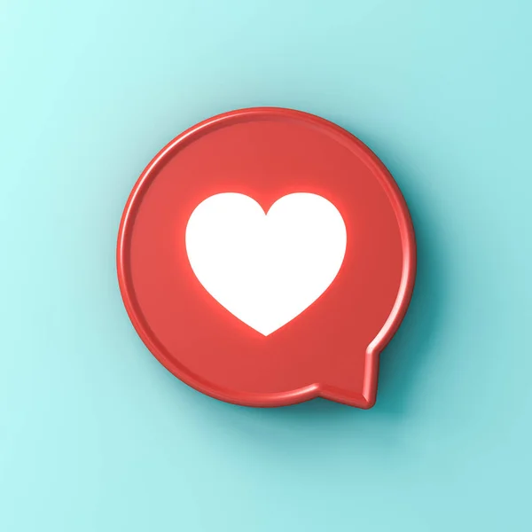 3d social media notification neon light love like heart icon in red rounded square pin isolated on light blue green pastel color  wall background with shadow 3D rendering