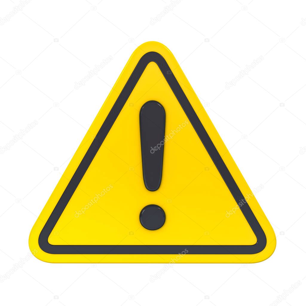 3d Hazard warning attention sign with exclamation mark symbol isolated on white background 3D rendering