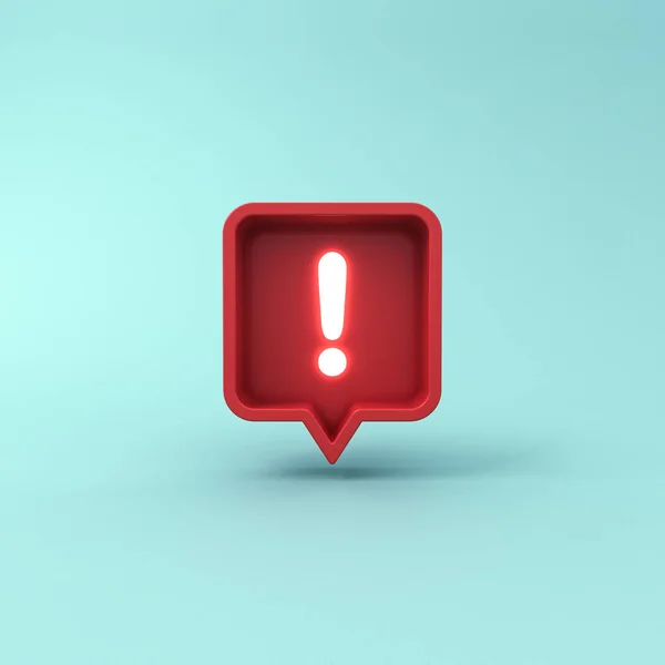 3d social media notification neon light Exclamation mark icon in red rounded square pin isolated on blue pastel color background with shadow 3D rendering