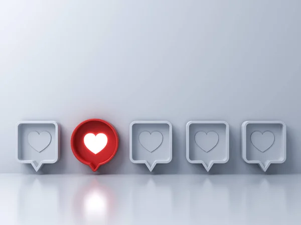 群衆と異なる創造的なアイデアの概念から目立つ つの赤い ソーシャルメディア通知 赤い丸いピンのハートアイコンのような愛は レンダリングと白い壁の背景からポップアップ — ストック写真