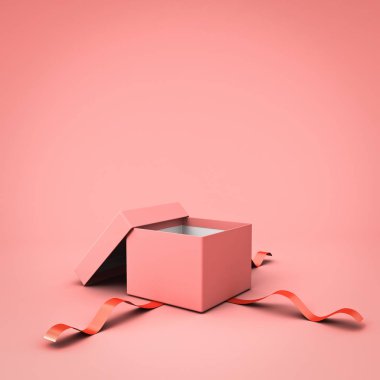 Gölge 3d render ile pembe pastel renk arka plan izole kırmızı kurdele ile boş açık hediye kutusu veya mevcut kutu