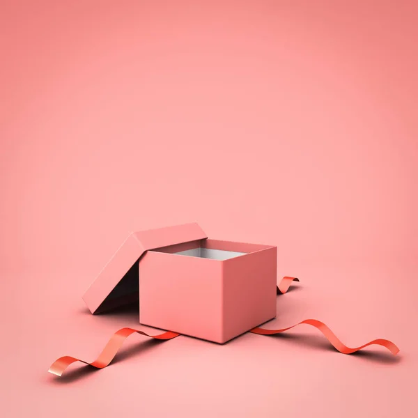 Blank Open Gift Box Present Box Red Ribbon Isolated Pink — Stock Photo, Image