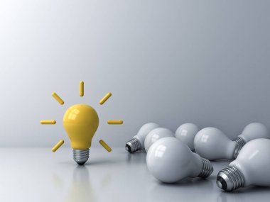 Parlak fikir ampul loş ışıksız yatan beyaz ampuller yaratıcı fikir kavramları 3d render kalabalığın dan ayakta