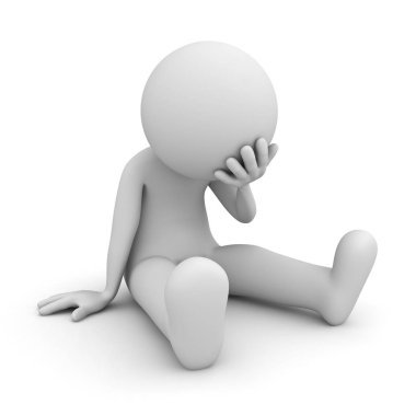 Depresif adam beyaz arka plan 3d render üzerinde izole yere oturan