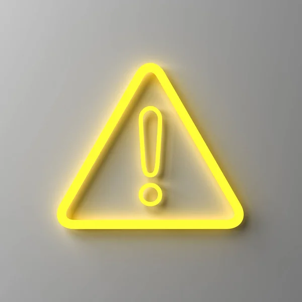 暗い白い壁の背景に隔離された感嘆符記号と黄色のネオンライトハザード警告注意サイン3Dレンダリング — ストック写真