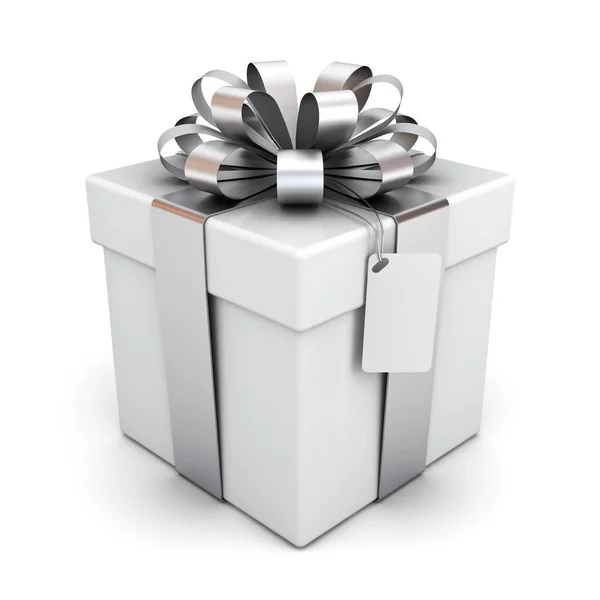 Geschenk Box Oder Geschenkbox Mit Silbernem Schleife Und Leere Tag — Stockfoto