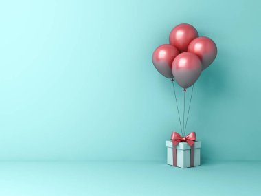 Hediye kutusu veya içinde kırmızı pembe pastel renkli balonlar olan hediye kutusu açık yeşil renkli arkaplan üzerinde izole edilmiş ve solda boş alan olan 3D görüntüleme