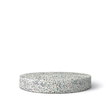 Boş mermer ürün kaidesi beyaz arkaplanda izole edilmiş ve 3B gölgelendirilmiş